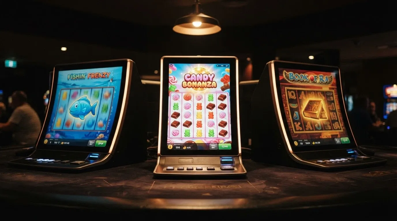 A row of online pokie reels featuring Big Bass Splash, Sweet Bonanza 1000 and Book of Dead