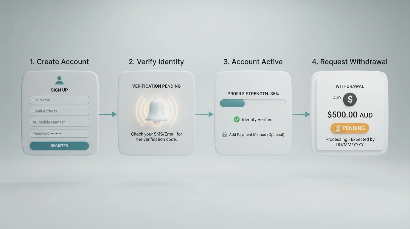 A simplified visual flow of the no-deposit bonus journey: sign-up form, bonus credit notification, wagering progress bar, withdrawal request screen