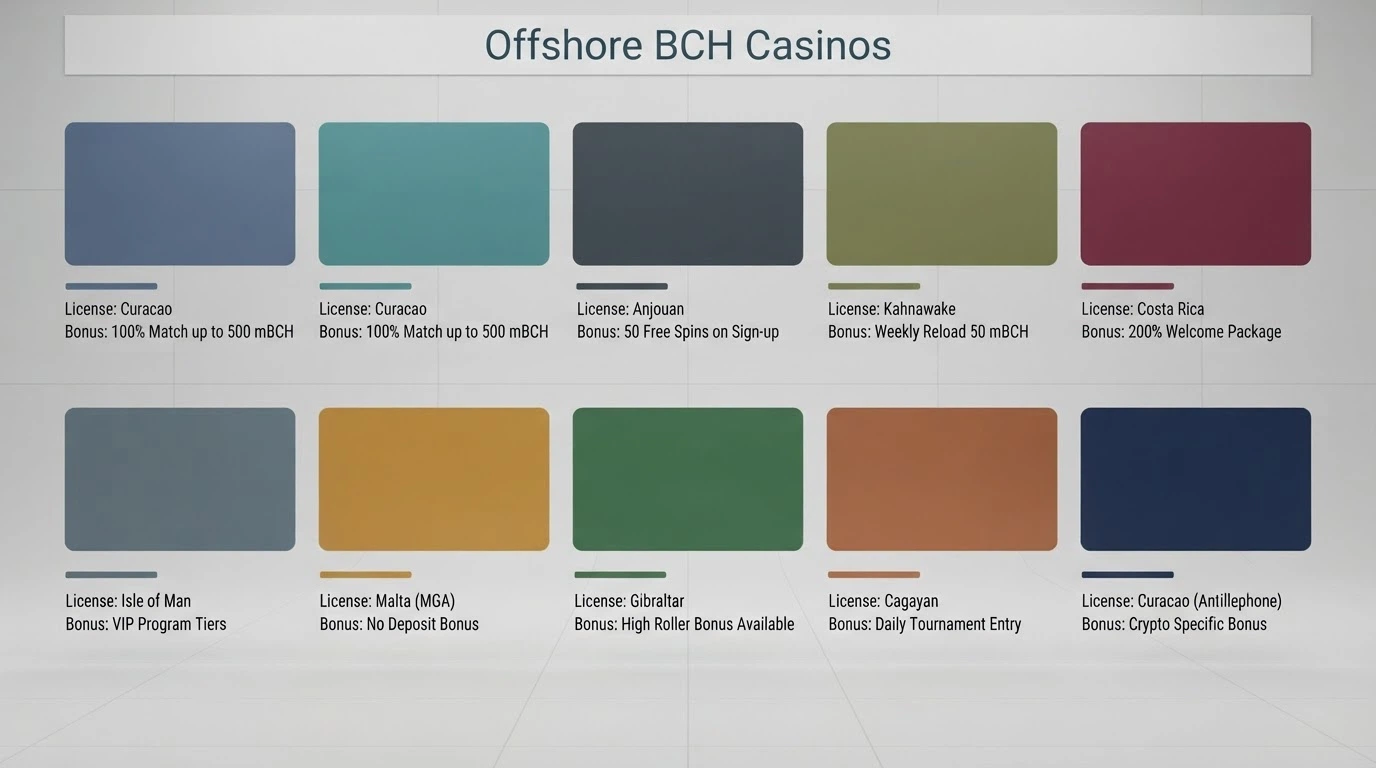 A side-by-side grid of ten casino logos arranged as a comparison matrix with licence and bonus callouts beneath each