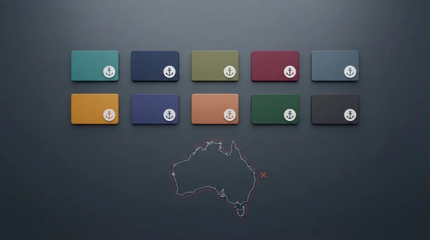 A grid of stylised operator icons arranged in a ranking layout, with a distinct marker on each indicating Curaçao-licensed, positioned above a map outline of Australia