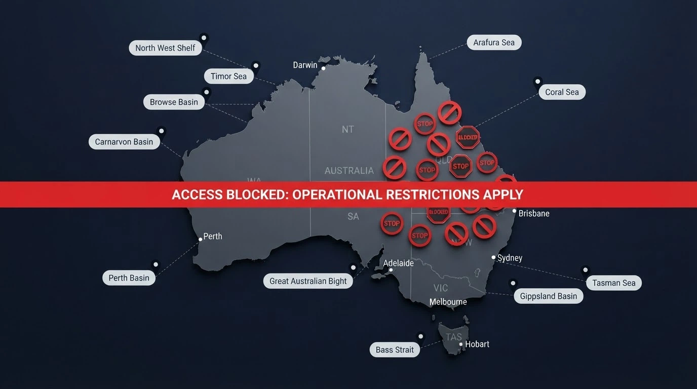 A map of Australia with dashed lines connecting to offshore licensing jurisdictions, overlaid with ACMA blocking symbols and a warning banner