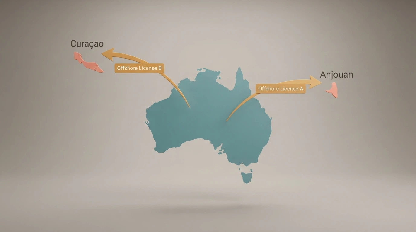 A simplified diagram showing Australia as a landmass with arrows pointing outward to Curaçao and Anjouan, labelled with licence types