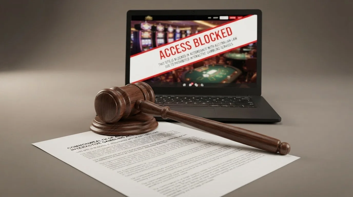 A gavel on a document titled “Interactive Gambling Act 2001” with a laptop screen behind it showing a casino lobby blocked by an ACMA warning page