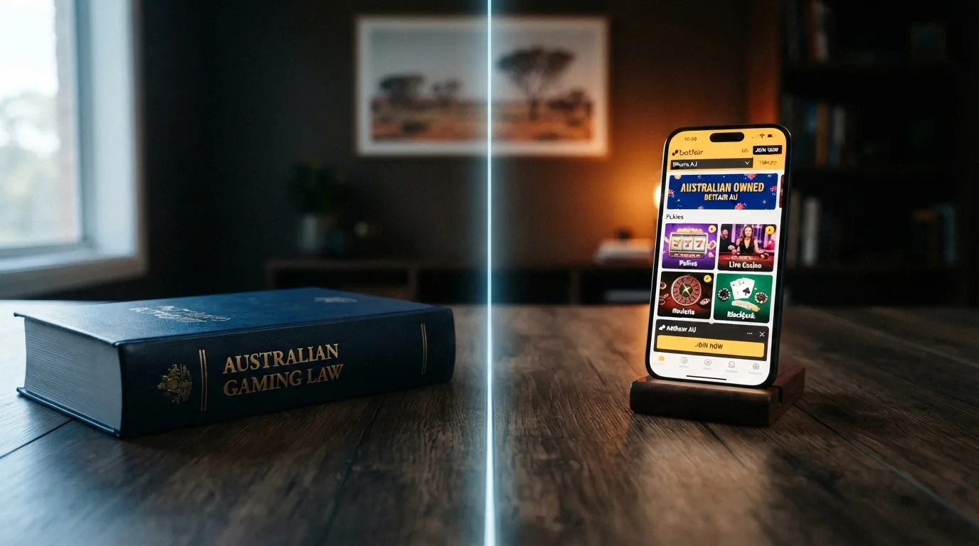 A document bearing the Commonwealth crest alongside a smartphone showing a casino lobby, separated by a clear dividing line