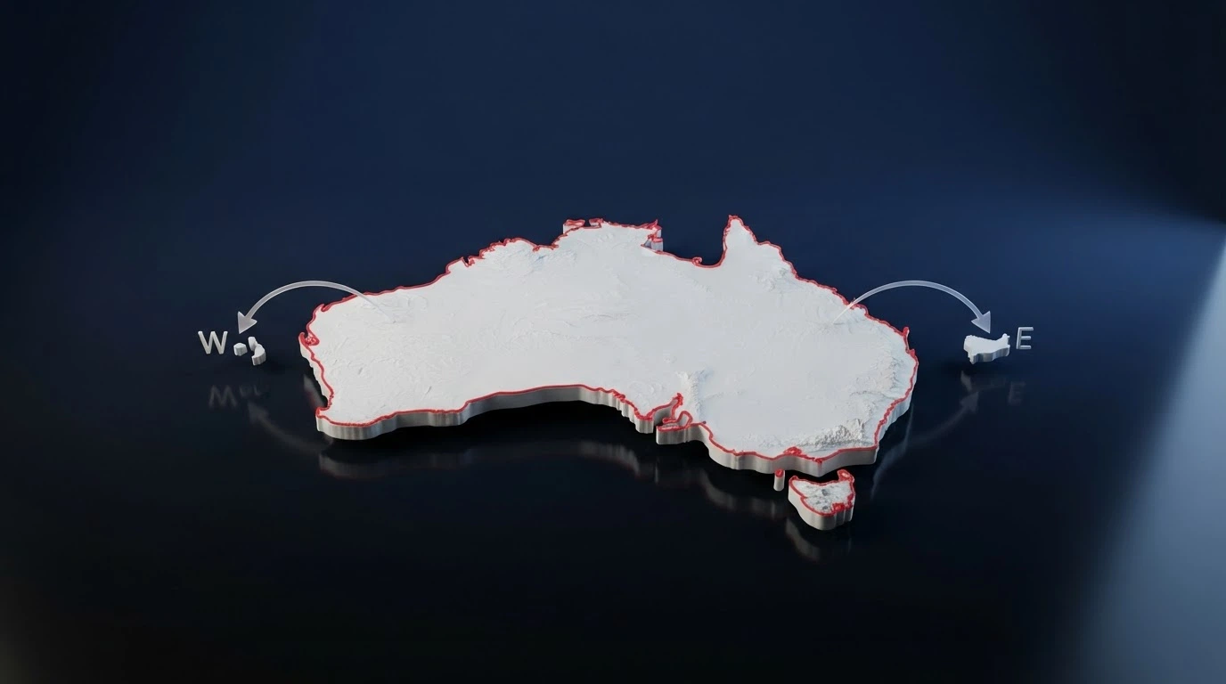 A stylised map of Australia with arrows pointing outward to offshore licence markers labelled Curaçao and Anjouan, a red line separating the two zones