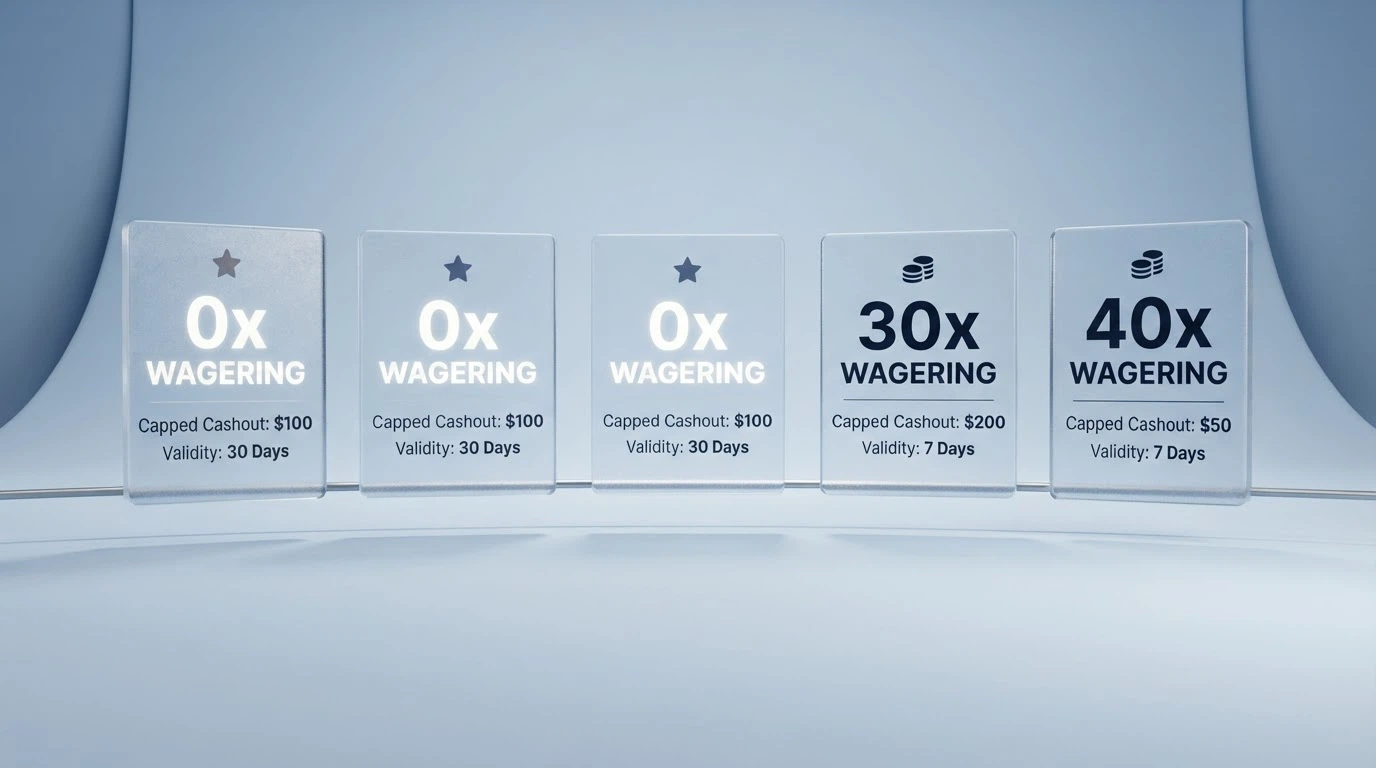 A comparison visual showing operator cards side by side with their wagering multiplier, cap and validity highlighted