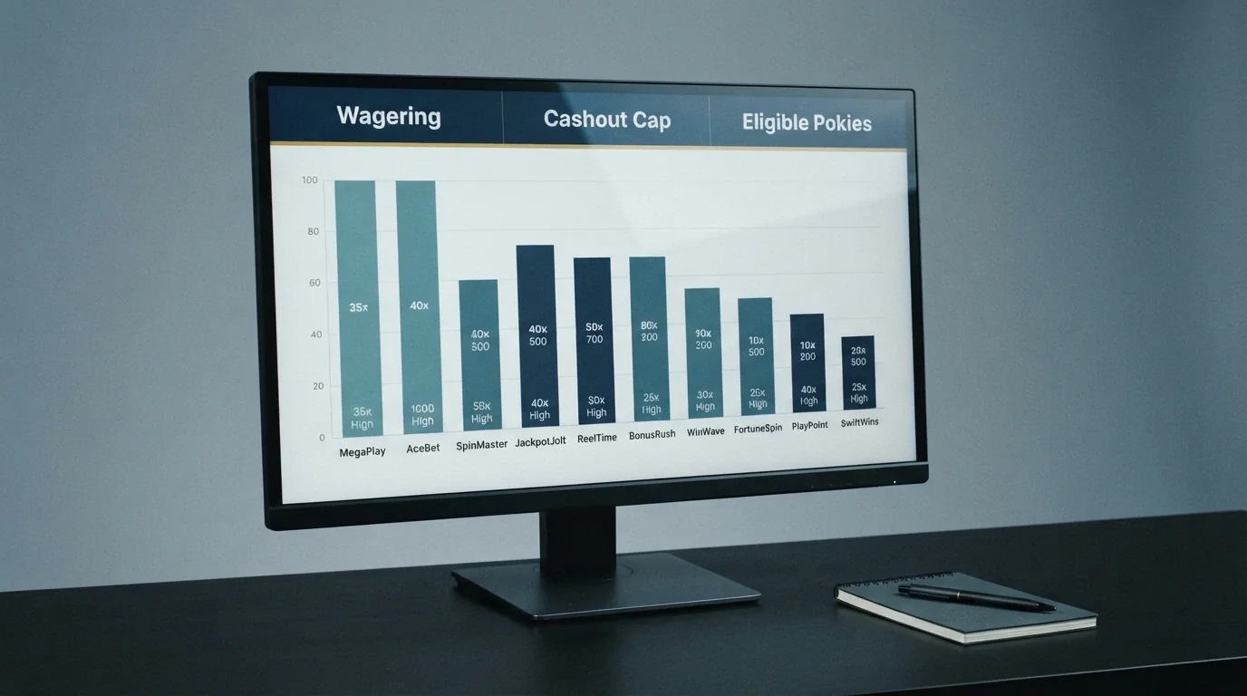 A comparison grid or chart showing operator rows with key terms columns — wagering, cashout cap and pokie eligibility highlighted