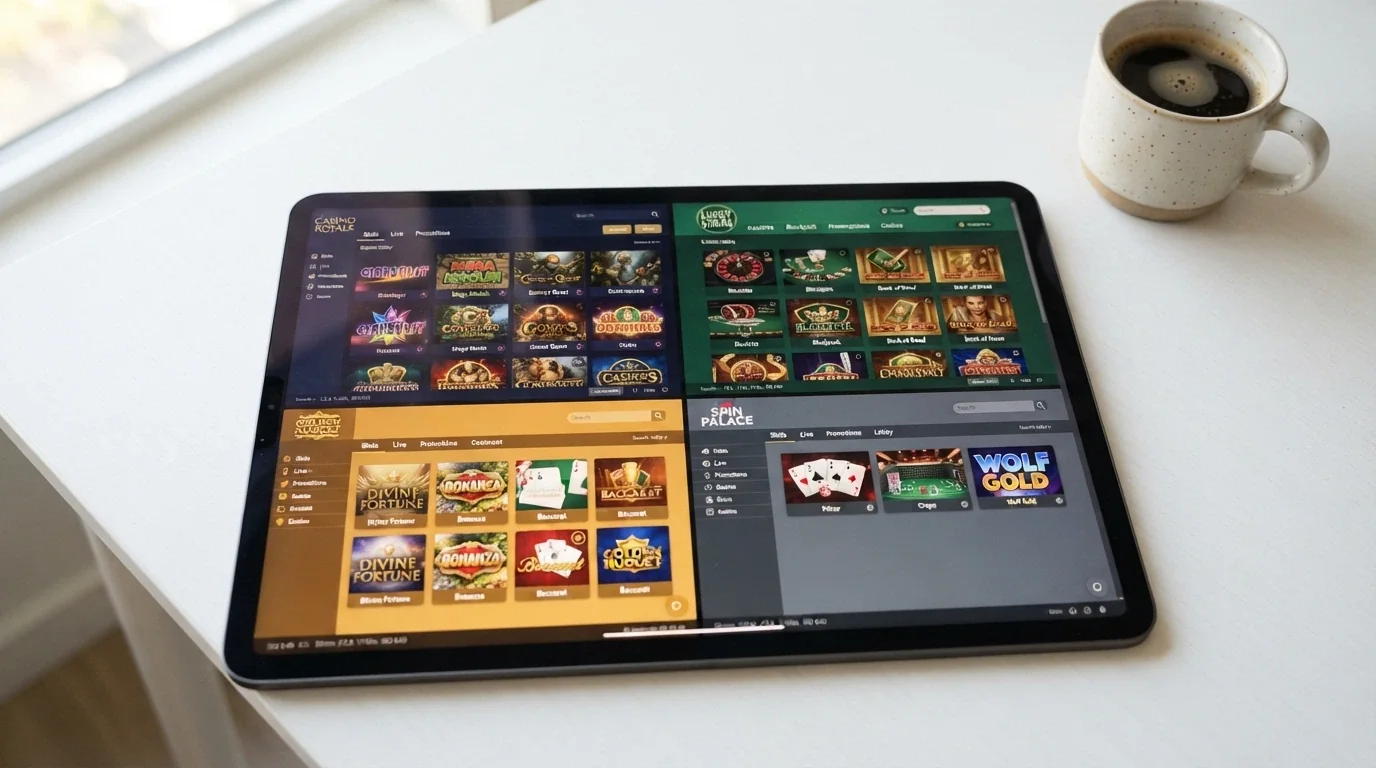 A grid layout of casino-branded mobile homepages arranged side by side on a tablet screen