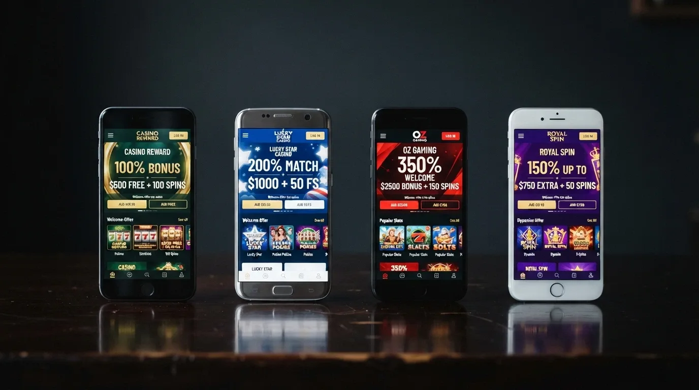 A visual comparison arrangement showing multiple smartphone screens displaying different offshore casino welcome-offer landing pages side by side