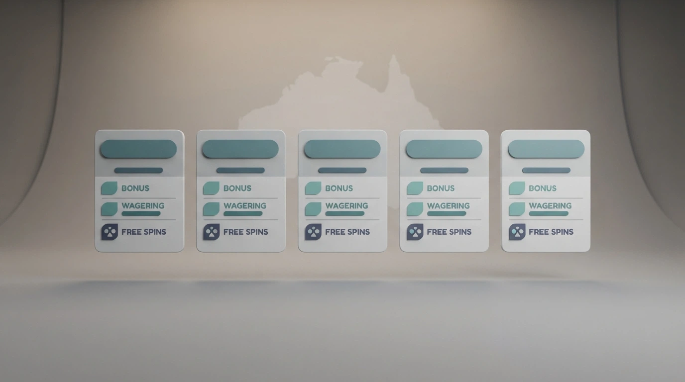 A conceptual illustration of a comparison interface — multiple casino cards with their key terms (bonus, wagering, free spins) displayed side by side, Australian regulatory context signalled through ACMA branding in the background