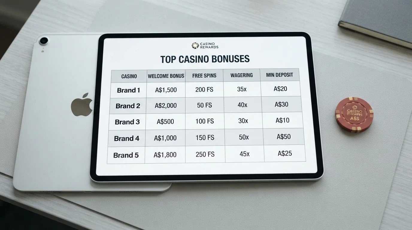 A side-by-side comparison layout on an iPad screen showing operator names, bonus amounts and wagering figures in a clean table format
