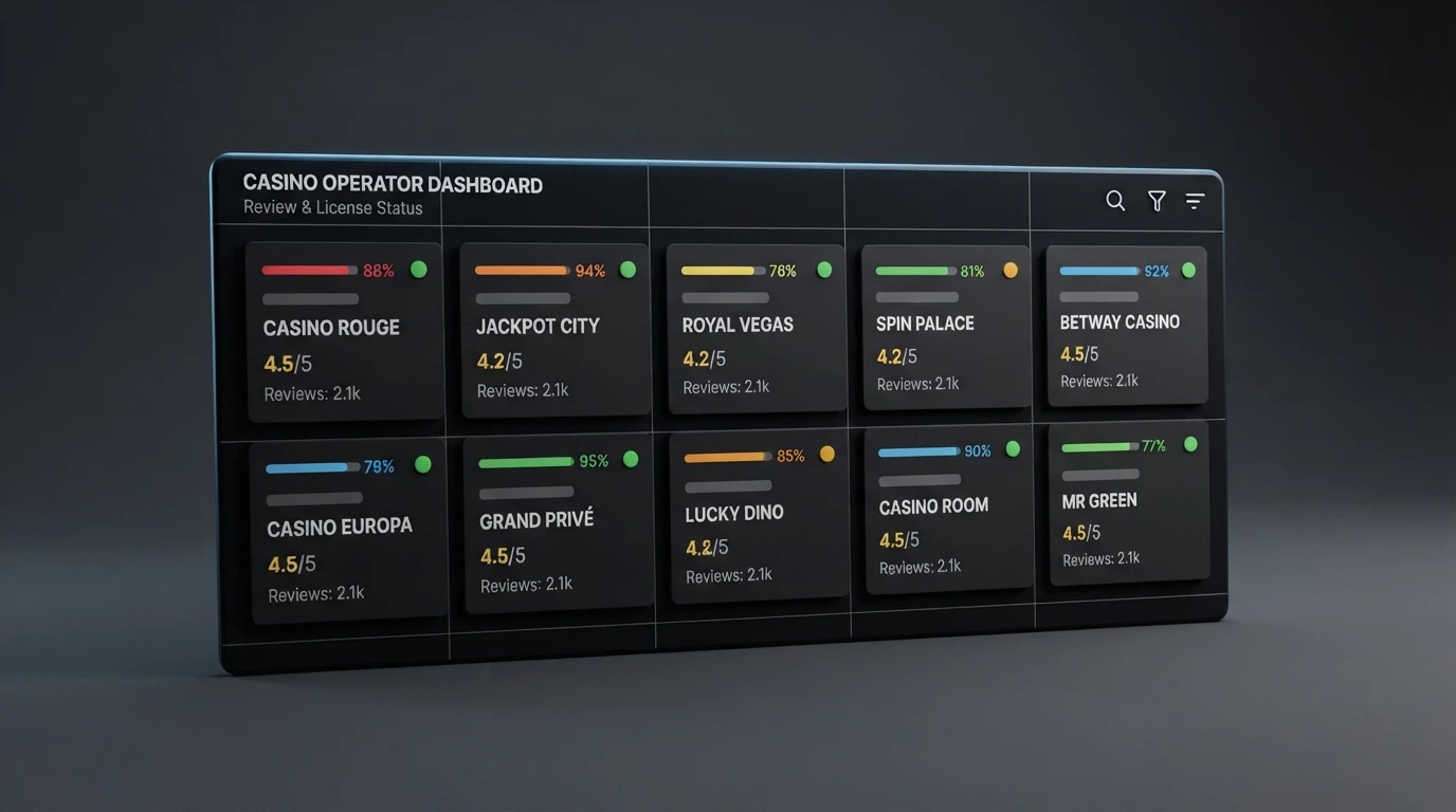 A side-by-side comparison grid with operator names and key metrics, laid out on a dark interface styled like a casino review dashboard