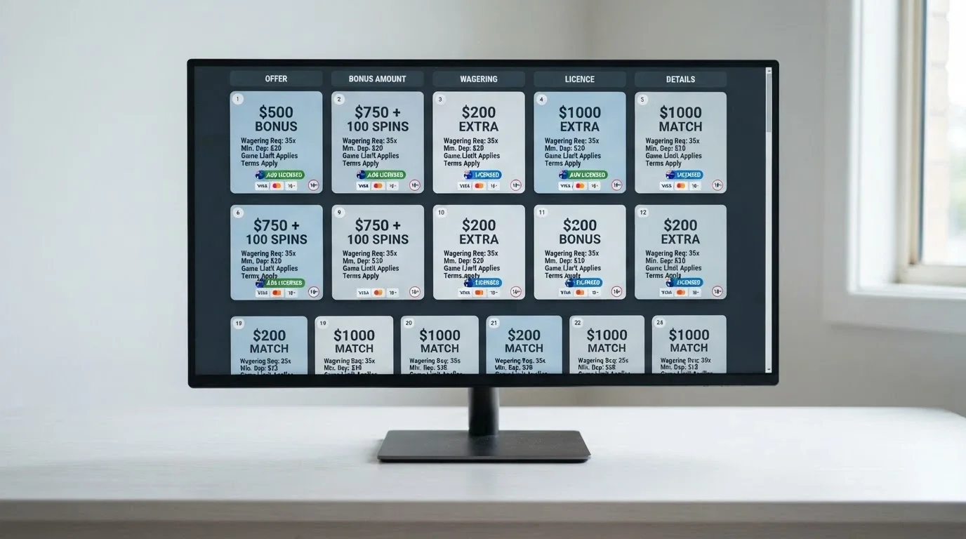 A grid of casino brand tiles with bonus amounts, wagering figures and licence badges arranged for comparison, viewed on a desktop browser