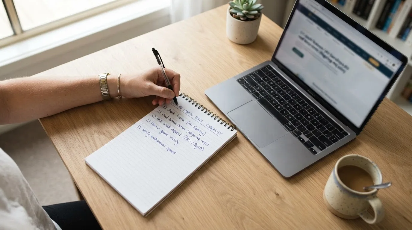 A handwritten checklist on a notepad beside a laptop, items like “check licence” and “read bonus terms” partially visible