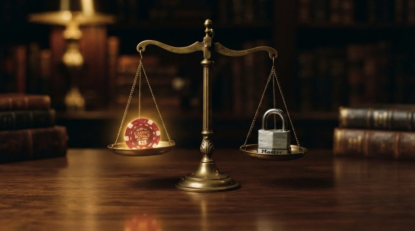 A set of balance scales with a glowing “$100” chip on one side and a padlock icon on the other, the padlock side slightly heavier