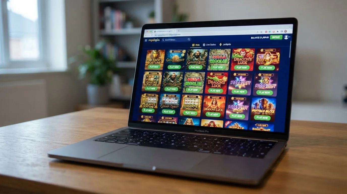 A browser window displaying an online casino game lobby with pokie thumbnails arranged in a grid, search bar visible