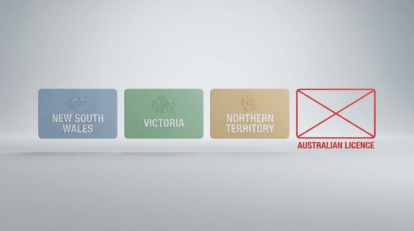 A comparison table showing different casino licence badges — Curaçao, Tobique, Anjouan — with an empty slot labelled “Australian licence” crossed out in red