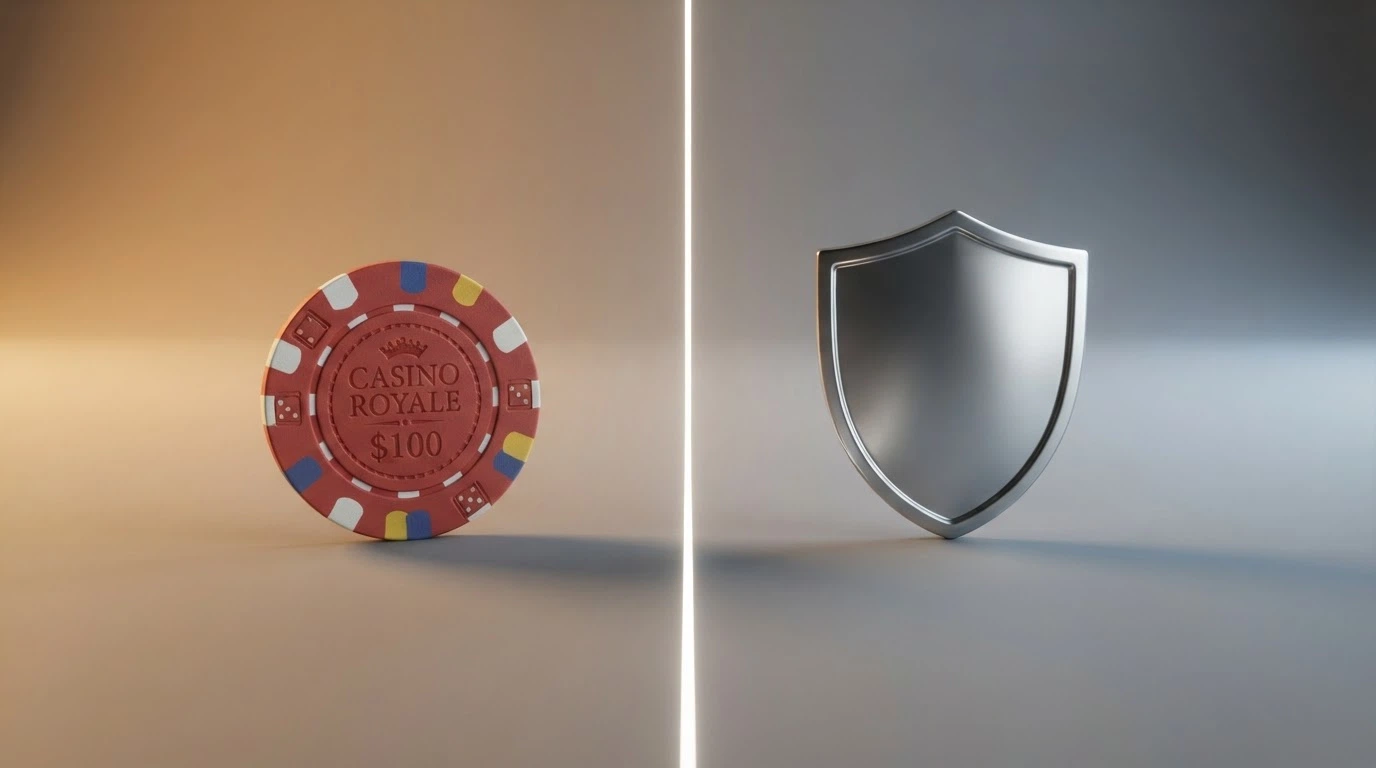 A visual metaphor: a casino chip sitting outside a marked boundary line, with a consumer protection shield on the other side of the line