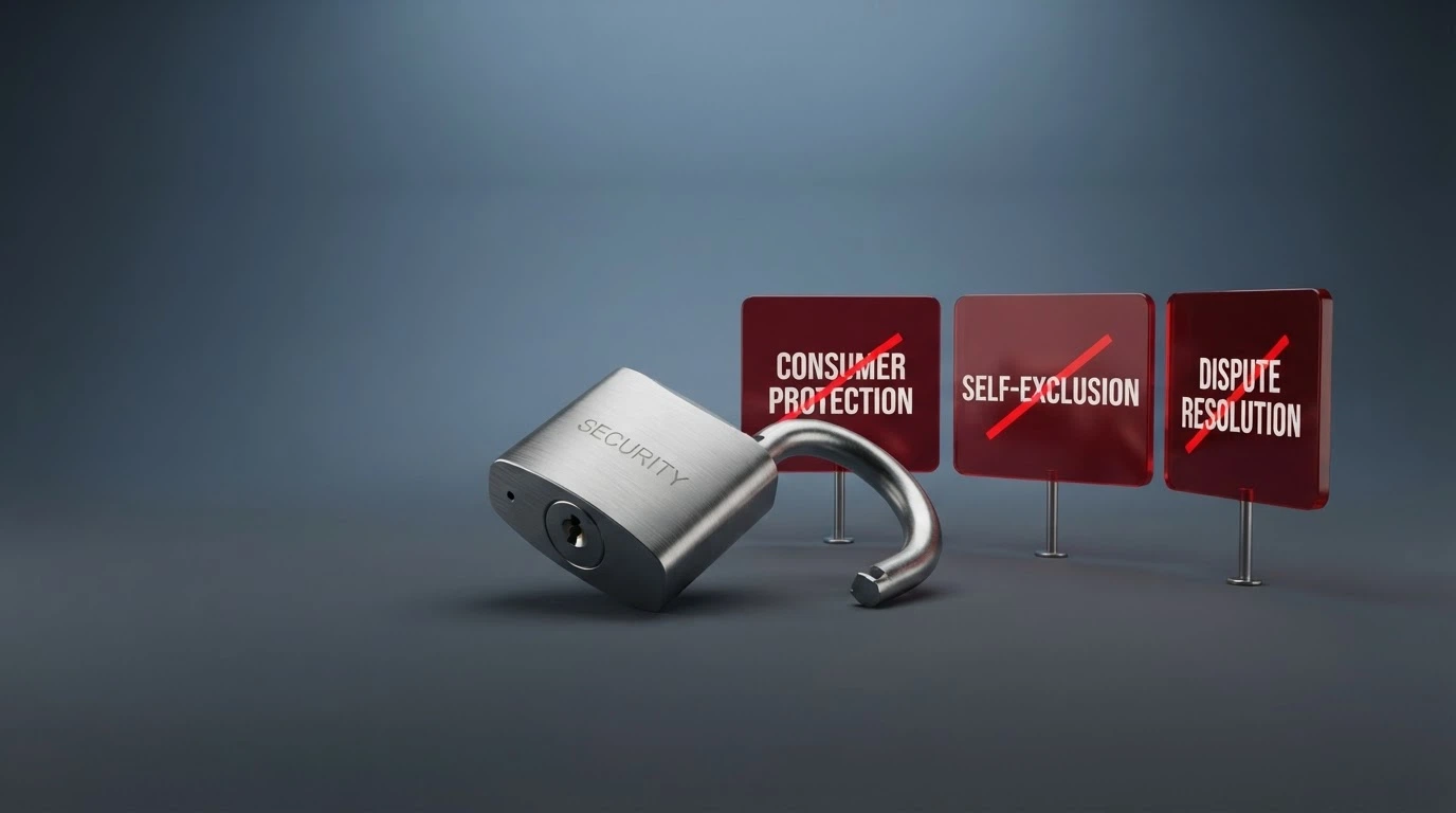 A warning-style illustration: a padlock icon with a broken chain beside three crossed-out labels reading consumer protection, self-exclusion and dispute resolution