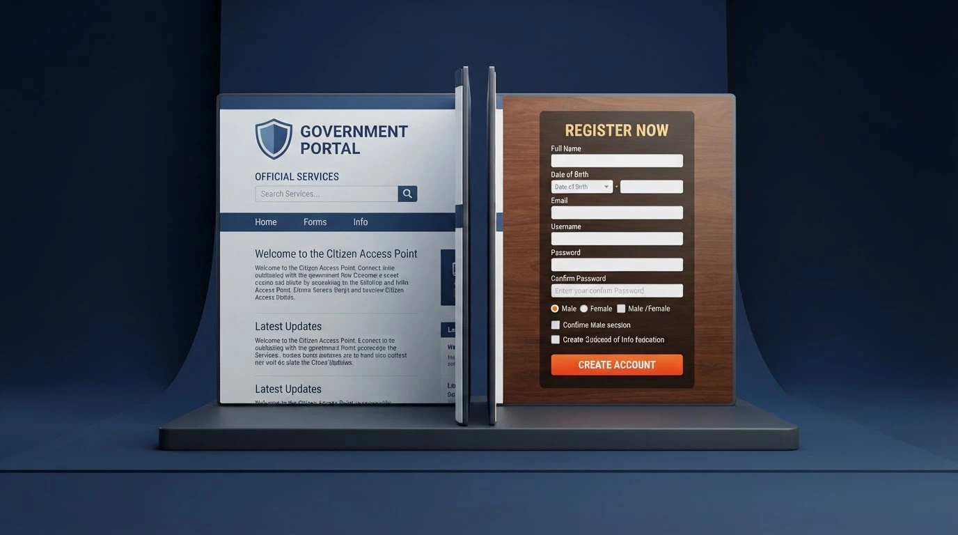 A split composition showing the BetStop.gov.au homepage on one side and a generic offshore casino registration form on the other