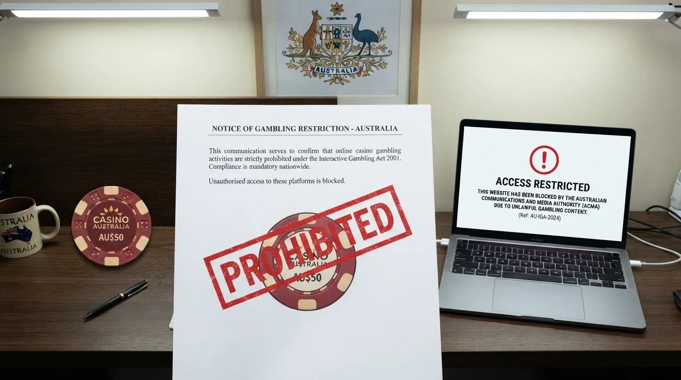 The Australian coat of arms beside a document titled Interactive Gambling Act 2001, with a red stamp reading PROHIBITED across a casino chip and a laptop showing a blocked-site notice