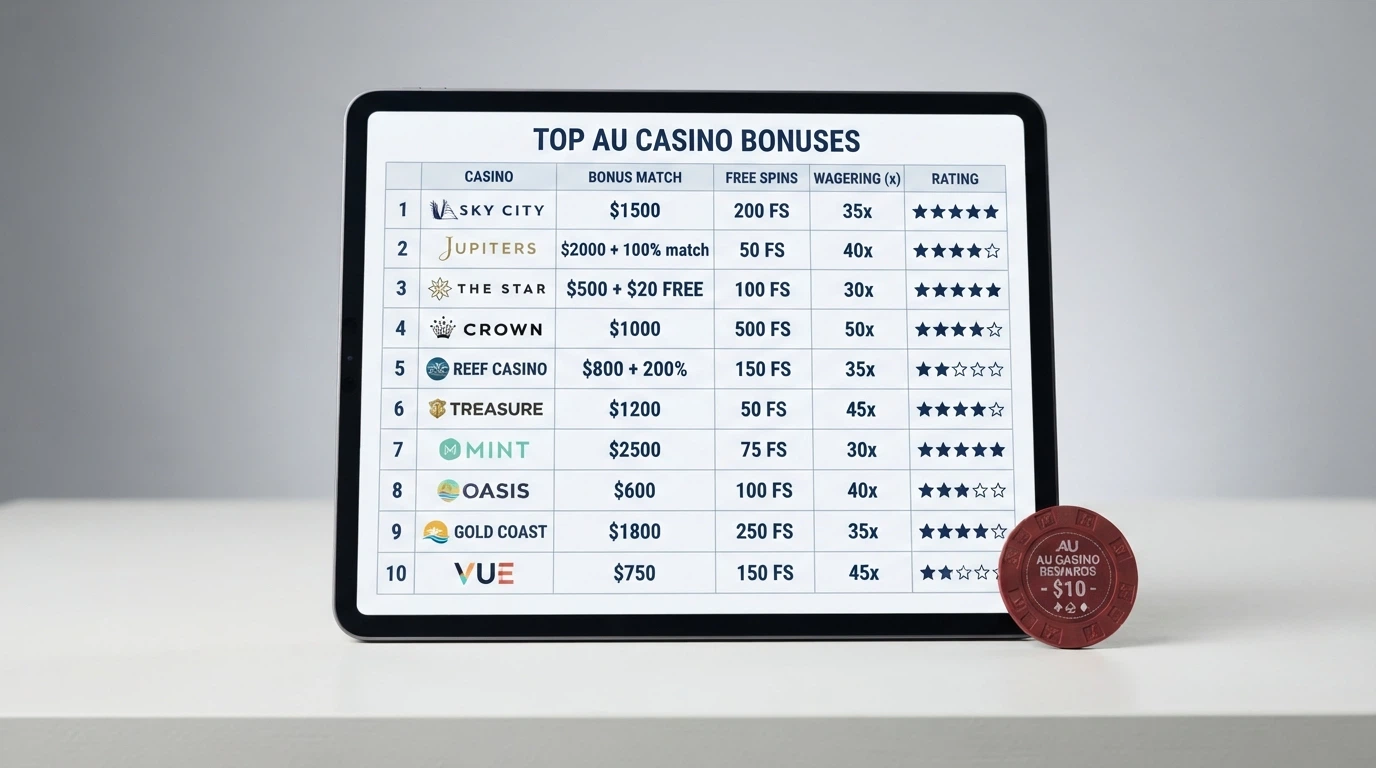 A comparison table listing welcome bonus amounts, free-spin counts and wagering multiples across ten offshore casino operators