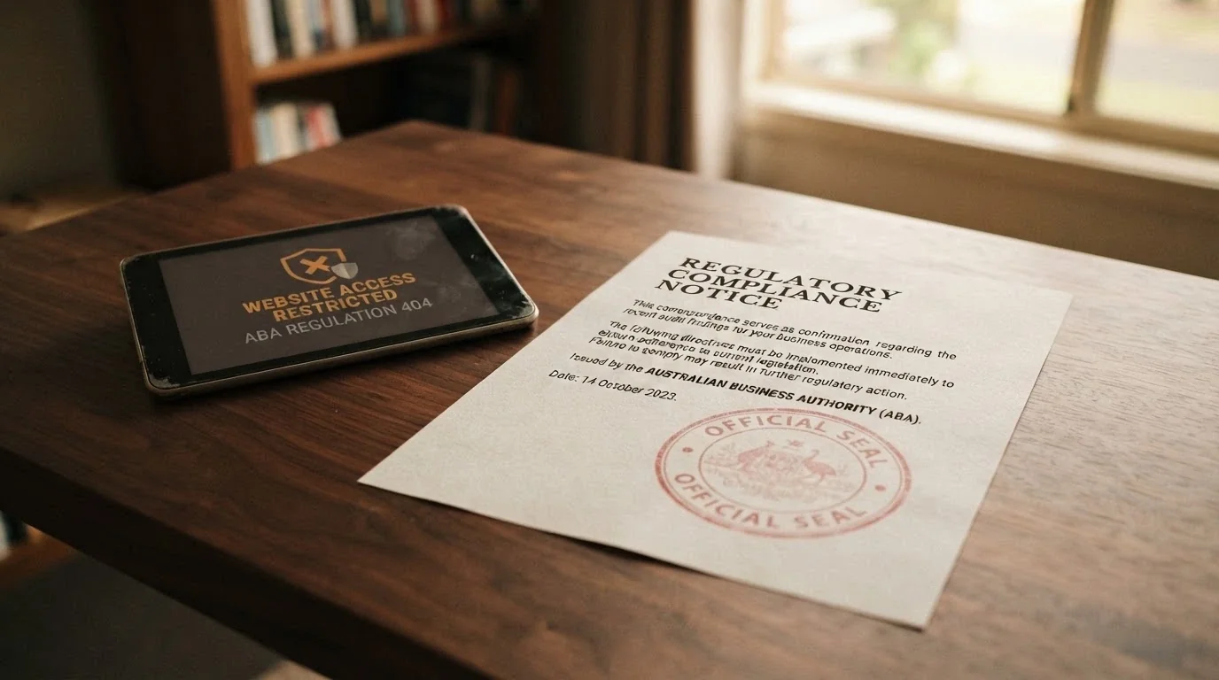 A document stamped offshore licence beside an Australian regulator's blocked-website symbol