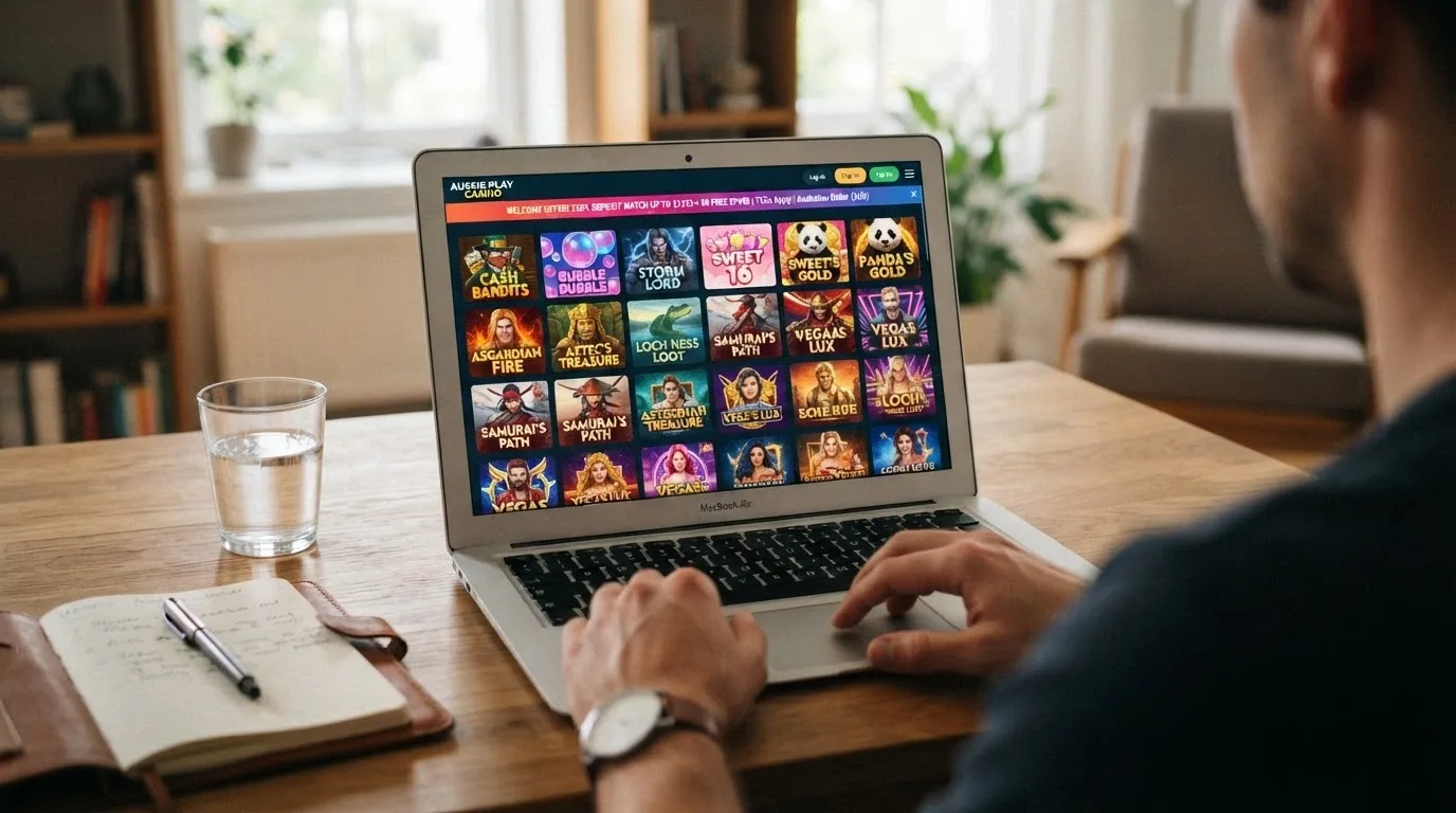 A spread of online pokies site homepages arranged side by side, each showing a different welcome offer banner