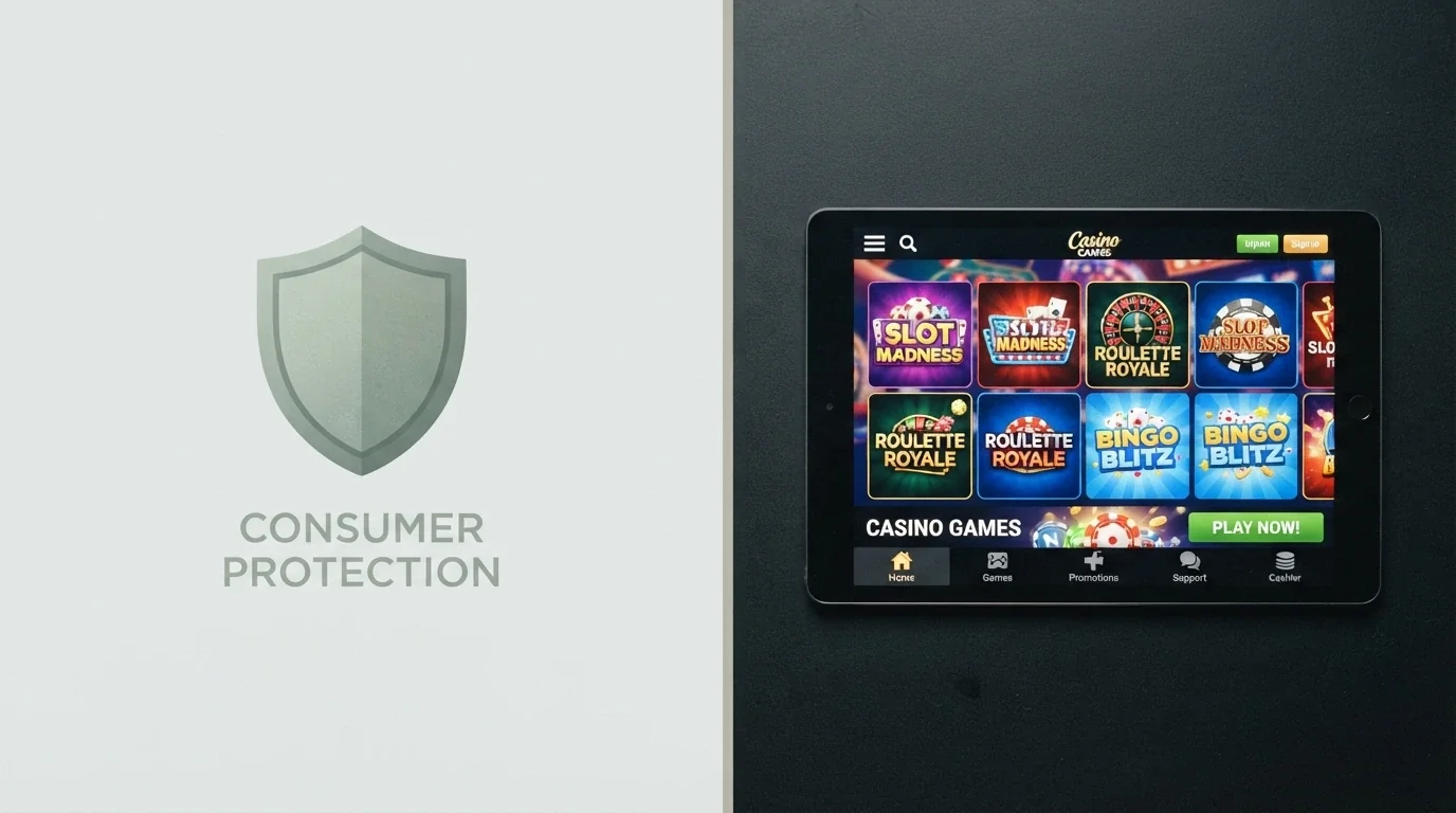 A split composition showing an Australian consumer protection logo on one side greyed out and an offshore casino interface on the other