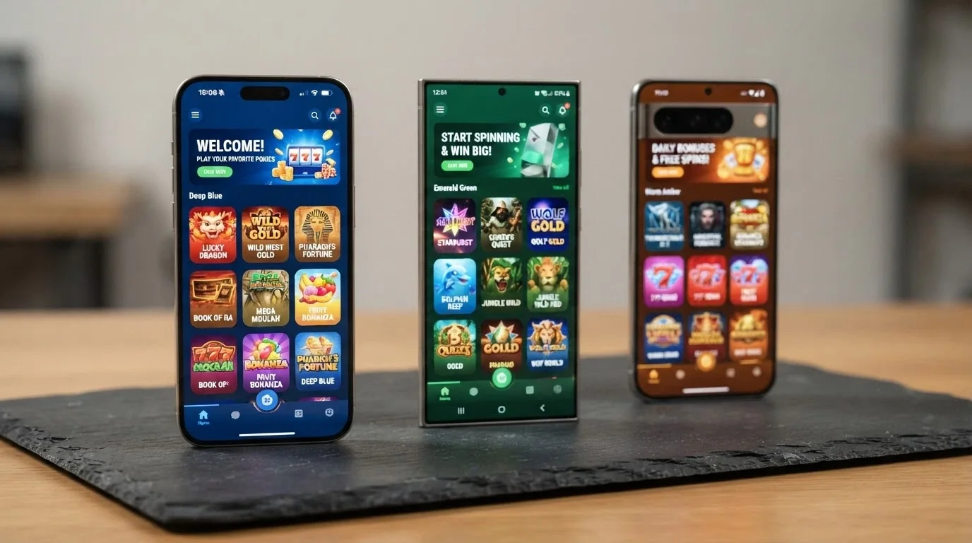 A side-by-side arrangement of multiple smartphone screens each displaying a different pokies app home screen, arranged for visual comparison