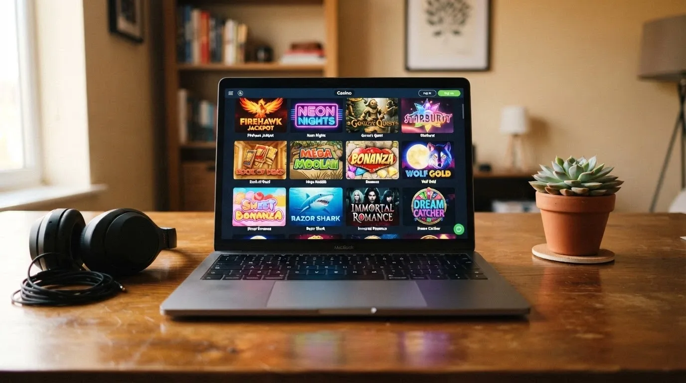 A grid of colourful online pokies title cards from multiple providers, no Australian regulatory marks visible