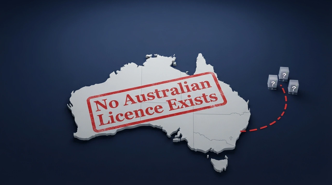 A map of Australia with a dashed line extending offshore to a cluster of server icons marked with question marks, and a red stamp reading “No Australian Licence Exists”