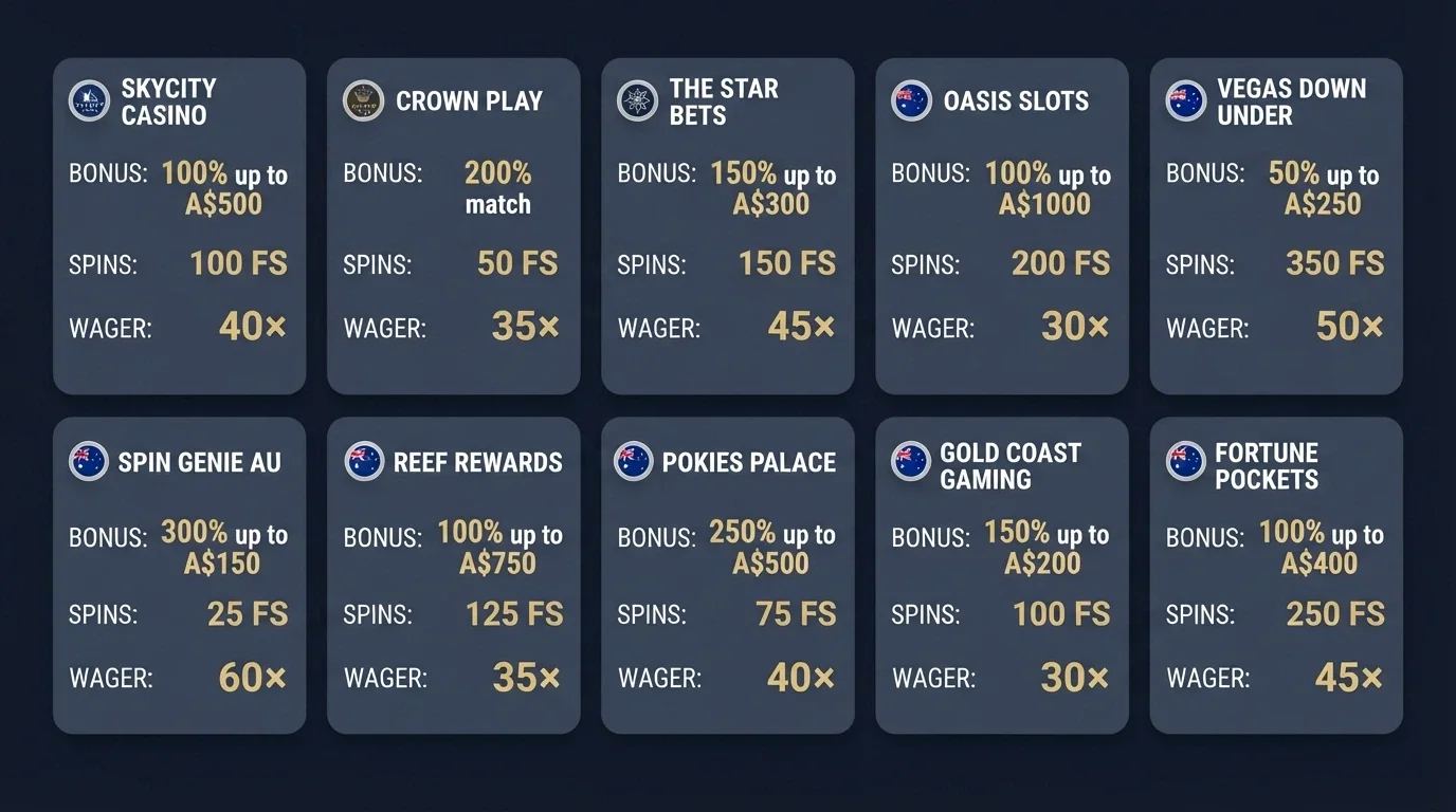 A stylised comparison layout showing operator name cards with a licence badge, a bonus amount, a free-spin count and a wagering-multiple figure — no faces, no logos, just the numbers in a clean grid arrangement.
