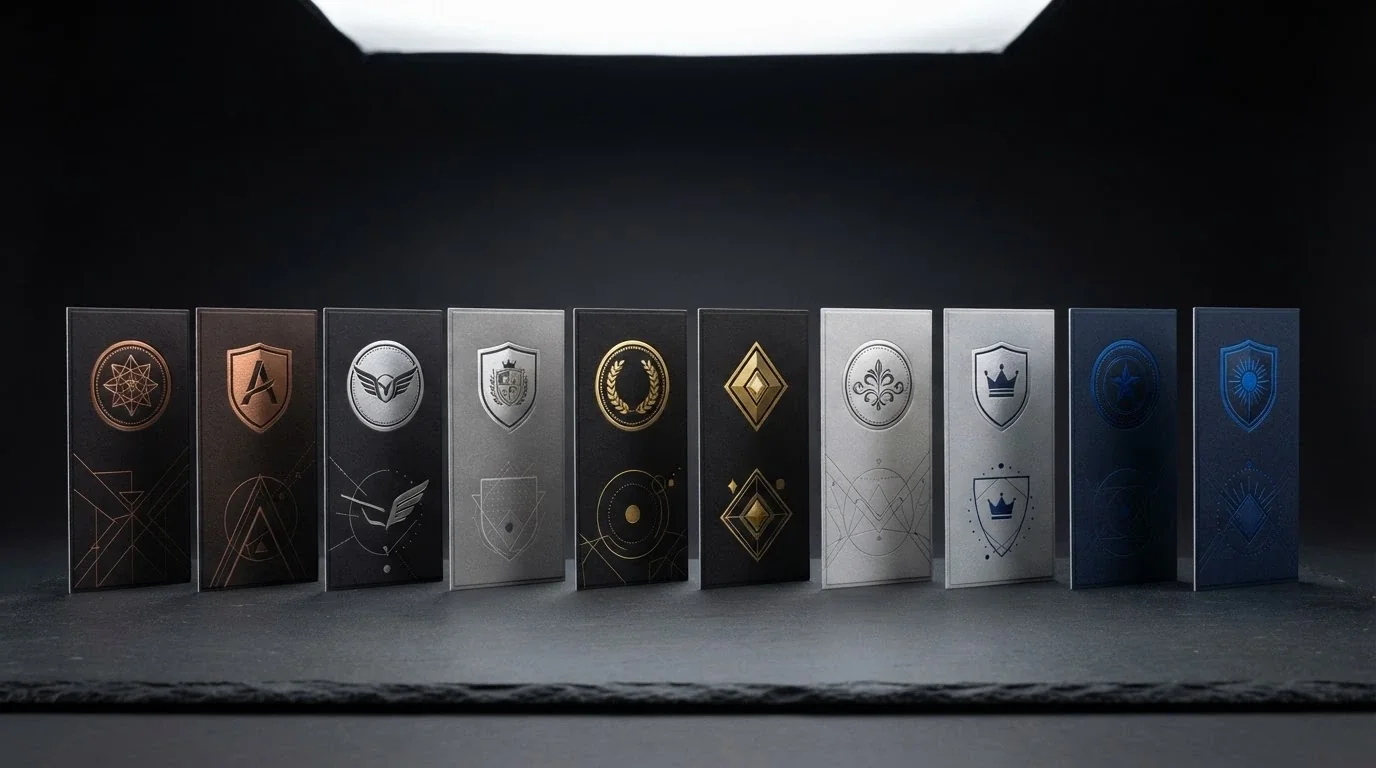 Ten casino-branded cards arranged in a row on a dark surface, each displaying a different VIP tier badge and programme name