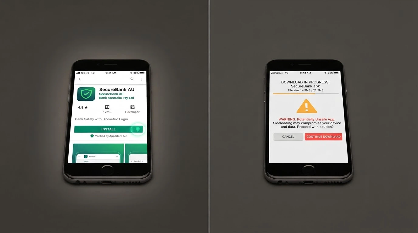 A split visual contrasting a Google Play-available licensed wagering app on one side with an APK-downloaded offshore casino app on the other