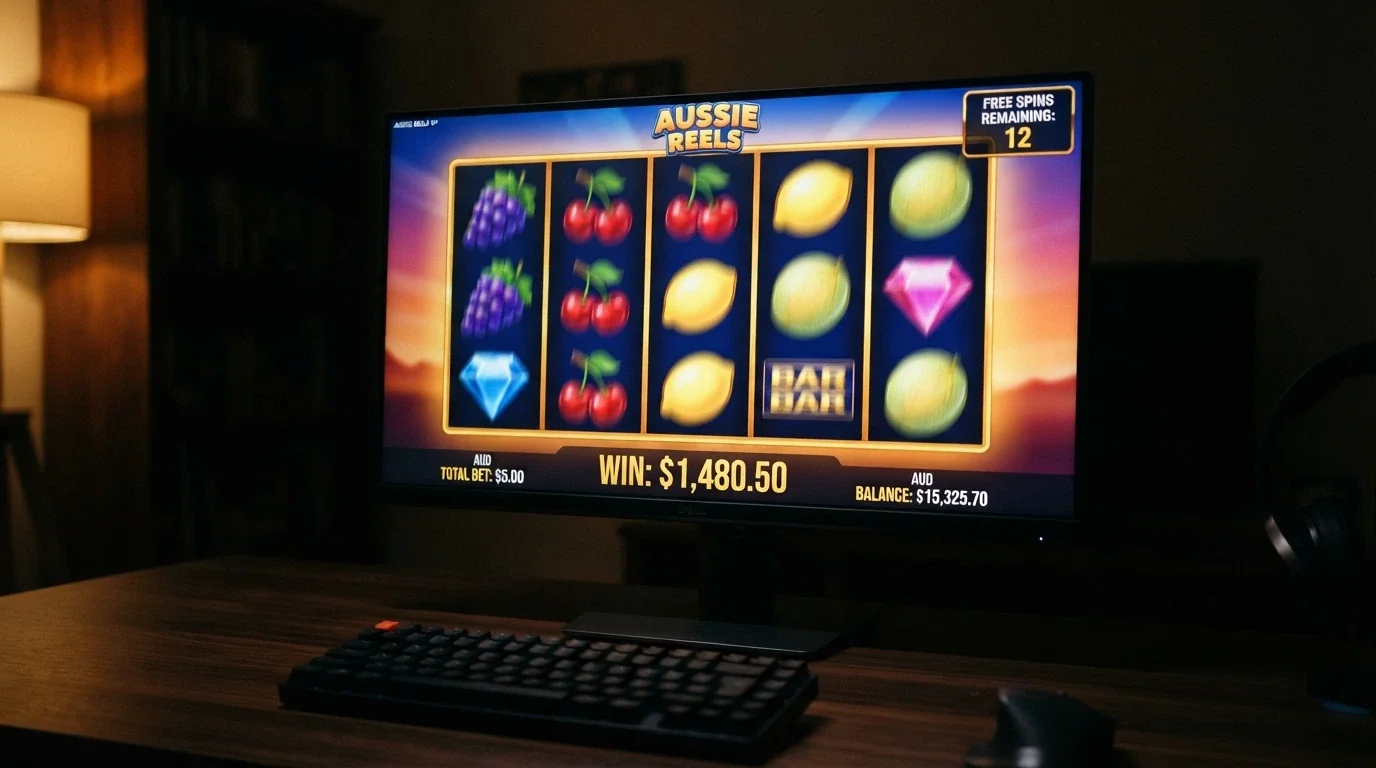 A row of five pokie reels mid-spin on a desktop screen, with a “free spins remaining” counter visible and Australian dollar win amounts below the reels