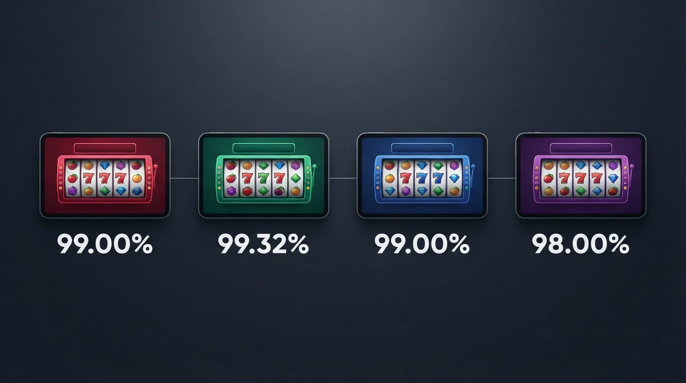 A row of four pokies title cards — Mega Joker, Goblin's Cave, Book of 99, Blood Suckers — each showing its published RTP percentage beneath the title