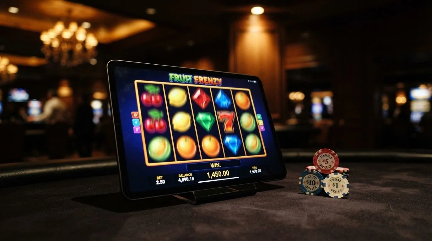 Colourful online pokie reels mid-spin on a tablet screen, with Australian dollar bets visible in the interface