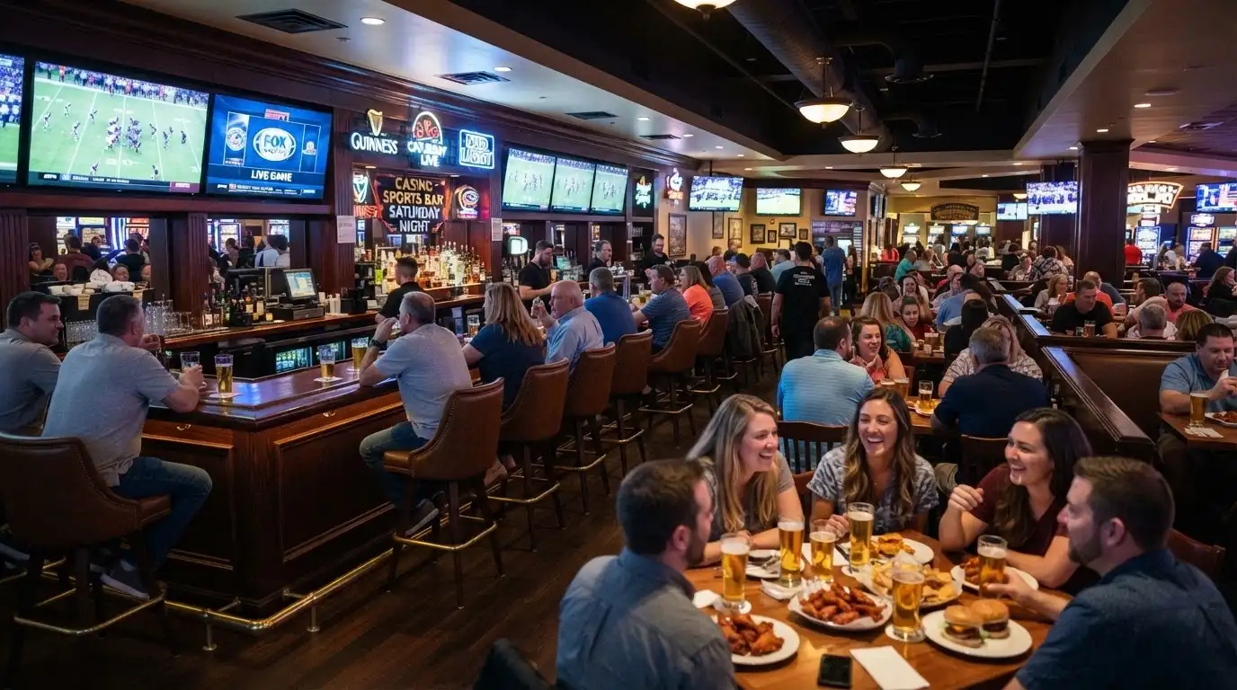 Onyx Sports Lounge interior with wall-mounted screens showing live sport, bar seating and dining tables