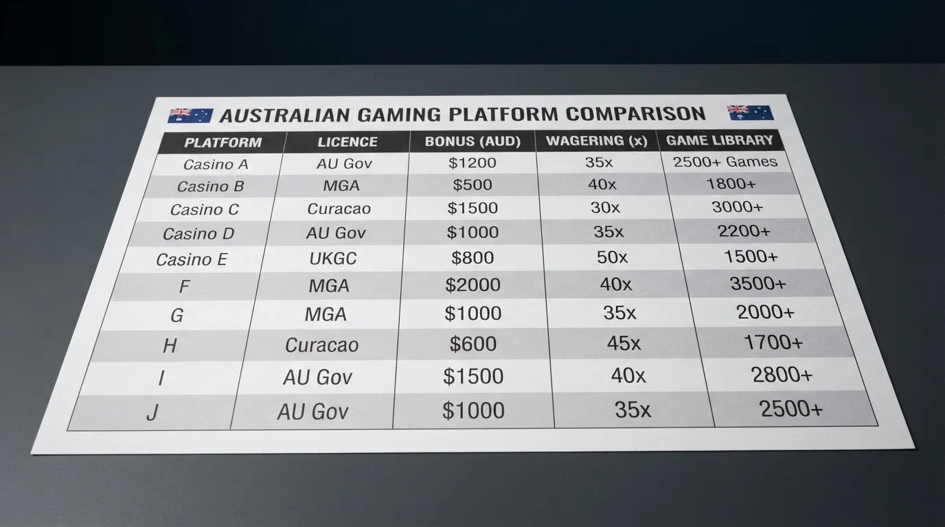 A comparison table listing ten casino names with licence, bonus, wagering and game library columns