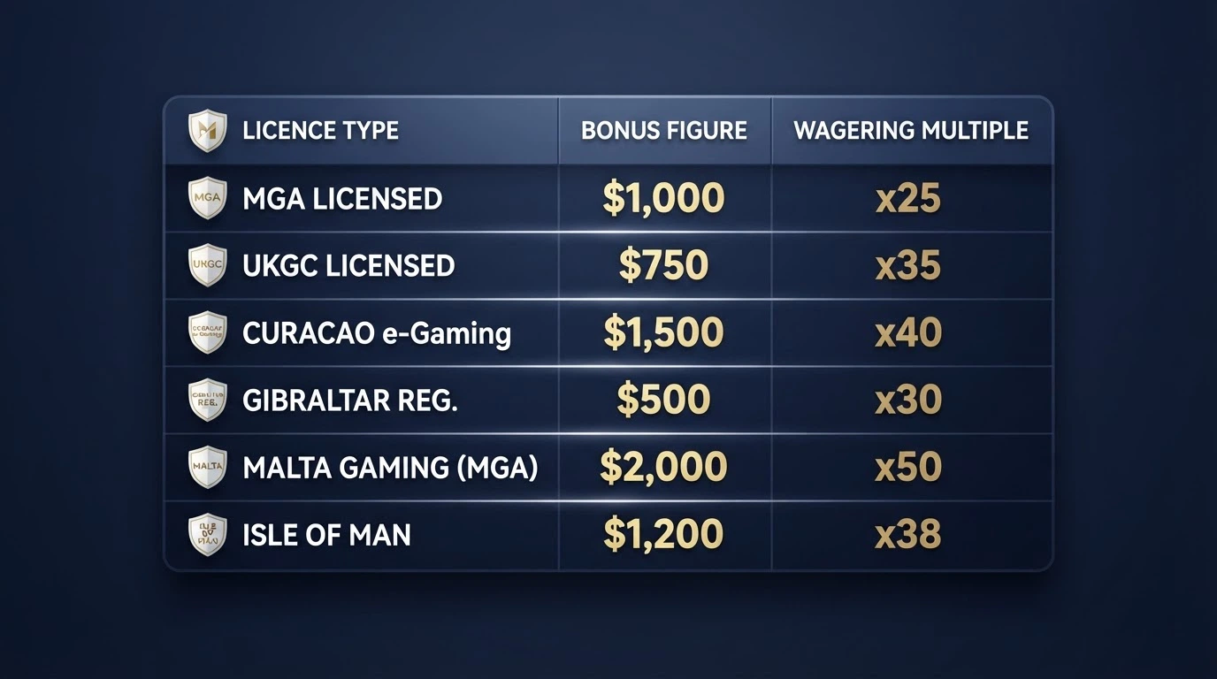 A visual summary of the comparison table showing operator names beside licence type, bonus figure and wagering multiple