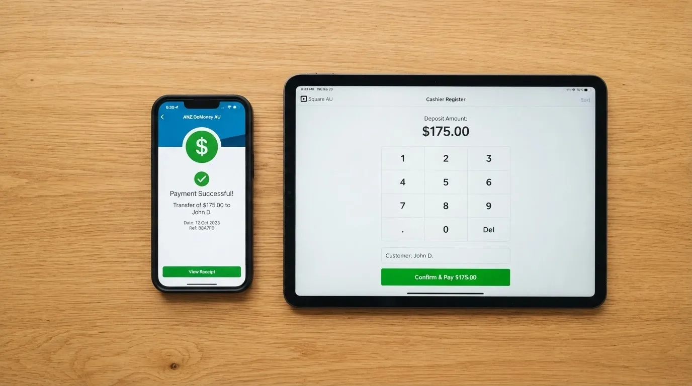 An Australian banking app screen showing a PayID transfer confirmation next to a casino deposit screen