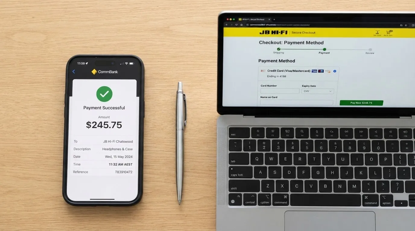 A banking app screen showing a PayID transaction confirmation with an Australian dollar amount and a timestamp, next to a casino cashier page with PayID selected as the method