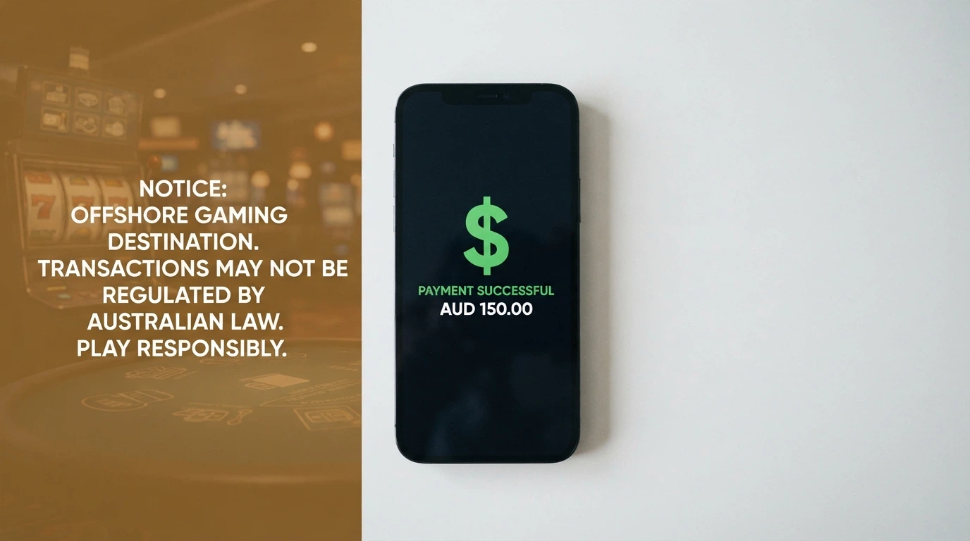 A smartphone screen showing a PayID payment confirmation on one side and a casino deposit lobby on the other, with a warning overlay about the offshore destination