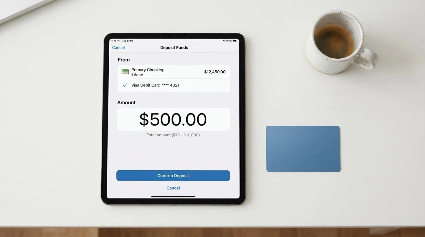 An iPad showing a banking screen with PayID as the selected deposit method, the amount field visible and an Australian bank logo beside it