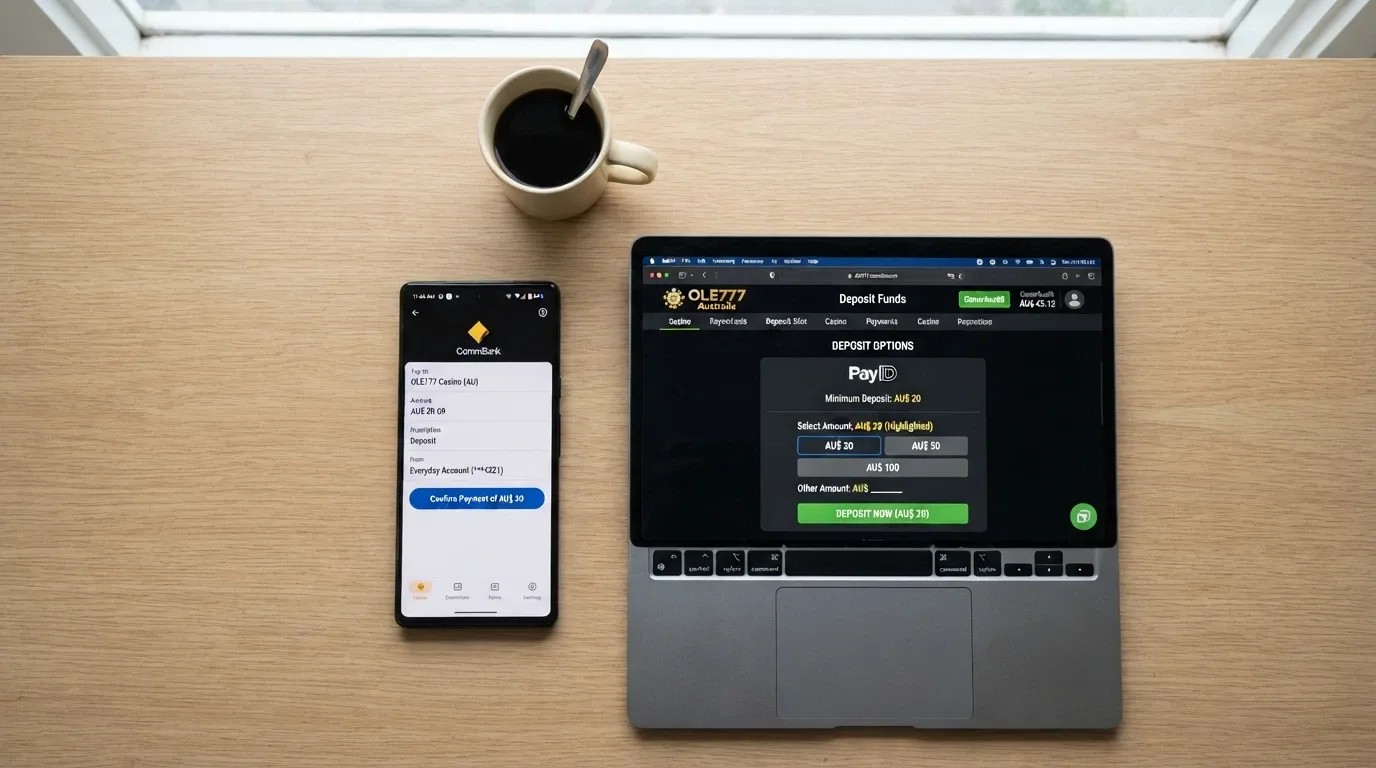 An Australian online banking app screen showing a PayID transfer interface with a highlighted minimum-deposit notice reading AU$20, next to a casino deposit page showing the same floor