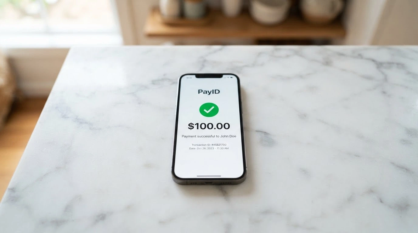 A smartphone showing a banking app with a PayID transfer confirmation screen, the amount field showing $100.00