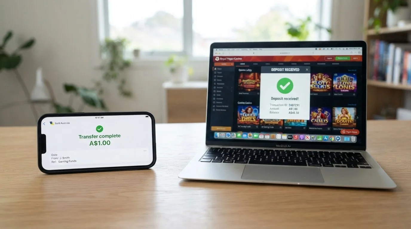 A split illustration: a bank app showing a PayID transfer of A$1.00 marked complete, beside a casino lobby screen confirming the deposit landed in under 30 seconds