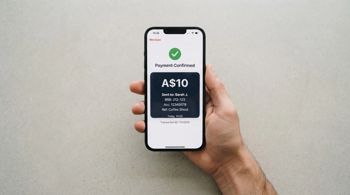 An Australian online banking app screen showing a PayID transfer confirmation with an A$10 amount