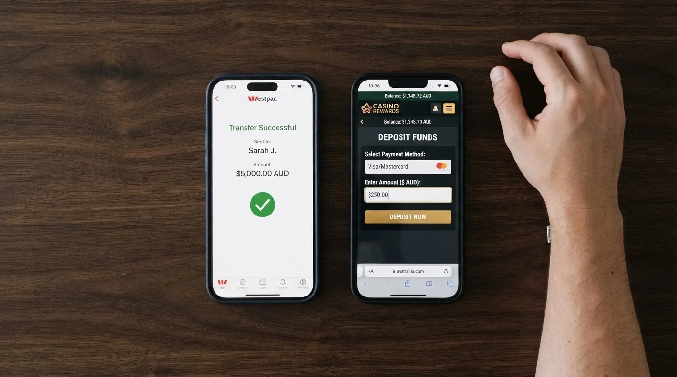 An Australian banking app open to the PayID transfer screen beside a casino cashier page on a second phone
